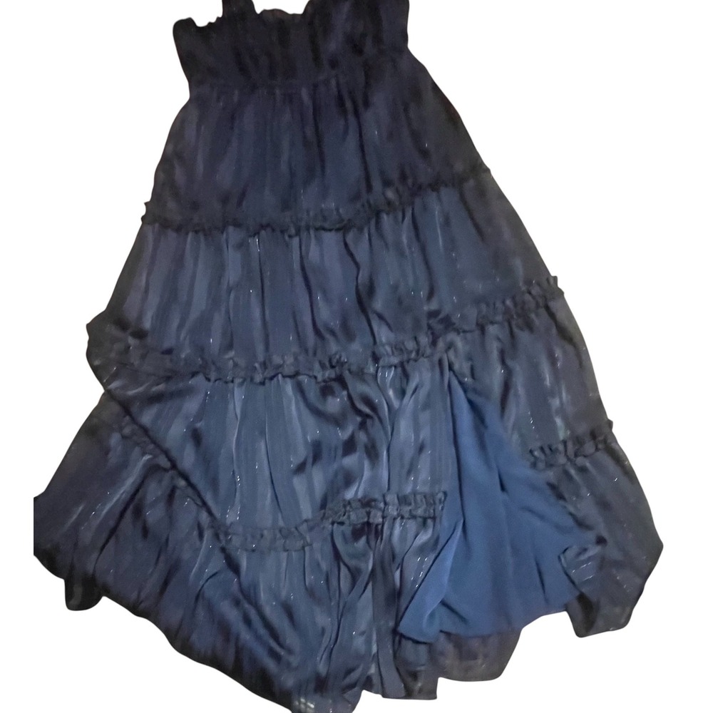 Lulus Navy Blue Metallic Striped Tiered Midi Dress Tie-Strap Side Slit Small - Picture 2 of 8